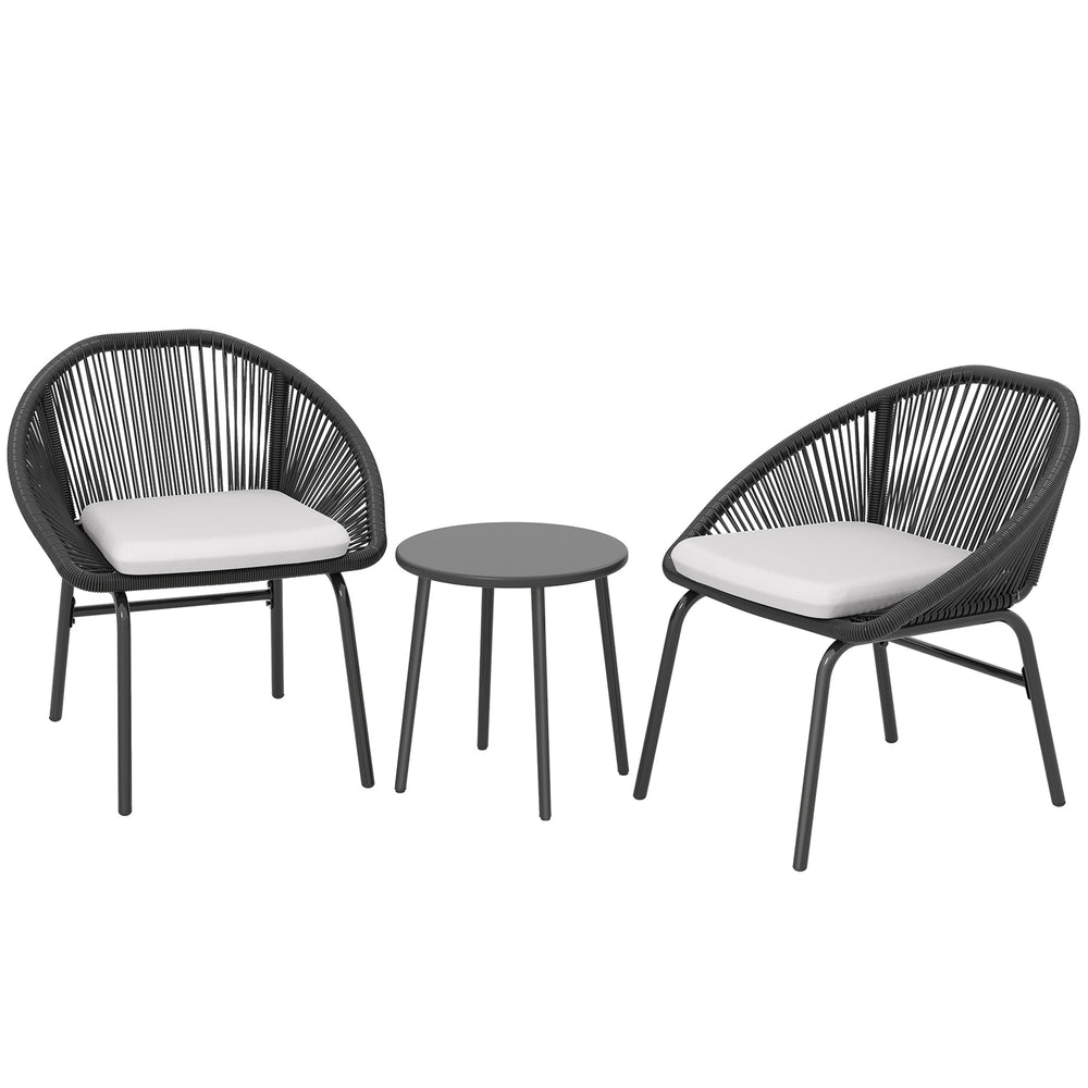 Ensemble salon de jardin 3 pièces pour 2 personnes avec coussins d'assise moelleux avec corde en résine tressée et acier époxy noir