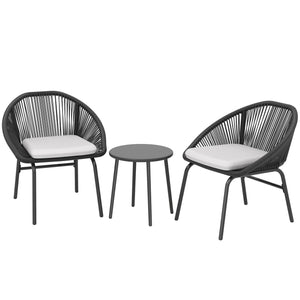 Ensemble salon de jardin 3 pièces pour 2 personnes avec coussins d'assise moelleux avec corde en résine tressée et acier époxy noir