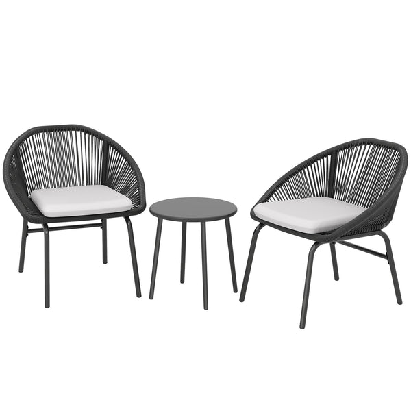 Ensemble salon de jardin 3 pièces pour 2 personnes avec coussins d'assise moelleux avec corde en résine tressée et acier époxy noir