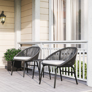Ensemble salon de jardin 3 pièces pour 2 personnes avec coussins d'assise moelleux avec corde en résine tressée et acier époxy noir