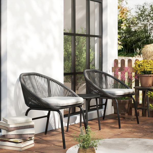 Ensemble salon de jardin 3 pièces pour 2 personnes avec coussins d'assise moelleux avec corde en résine tressée et acier époxy noir