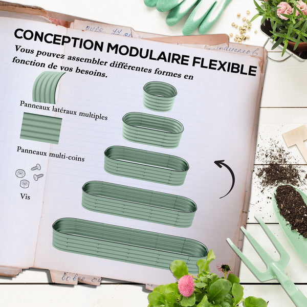 Jardinière surélevée carré potager de jardin en acier modulable pour légumes, plantes, fleurs, dim. 240 x 62 x 30cm, vert
