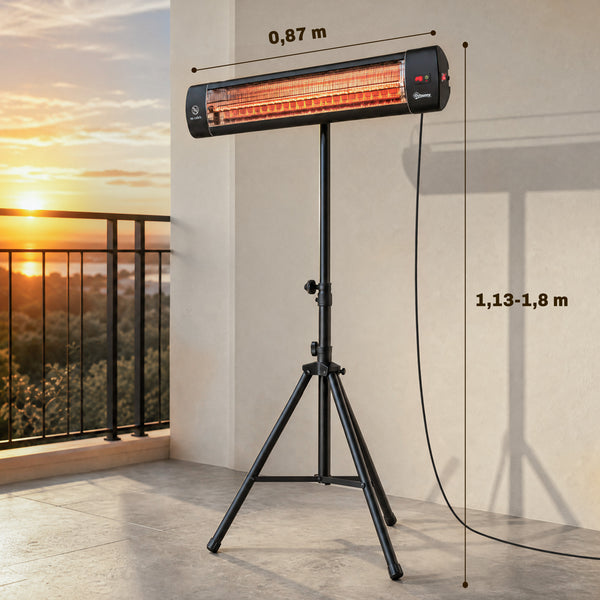 Radiateur Infrarouge sur Pied 2500 W, Chauffage Électrique pour Terrasse, Extérieur et Intérieur IP65, Télécommande, Minuterie, 3 Niveaux, Trépied Hauteur Réglable, Housse, Anti-Basculement