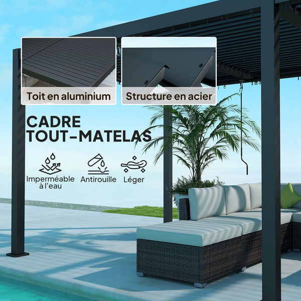 Pergola bioclimatique 3 x 6 m, pergola jardin extérieur avec persiennes manivelle toit réglable en aluminium et crochets, tonnelle de jardin, terrasse, patio, gris foncé