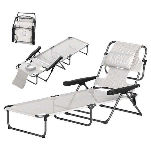 Bain de soleil chaise longue pliante avec appuie-tête, trou de lecture, dossier inclinable en textilène, transat jardin extérieur pour plage relax camping piscine terrasse, crème