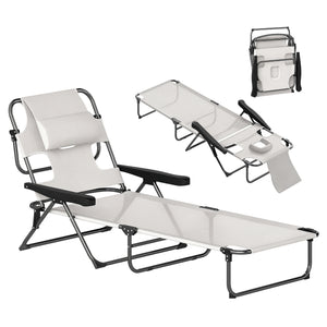 Bain de soleil chaise longue pliante avec appuie-tête, trou de lecture, dossier inclinable en textilène, transat jardin extérieur pour plage relax camping piscine terrasse, crème