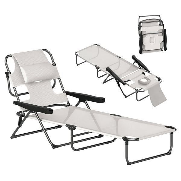Bain de soleil chaise longue pliante avec appuie-tête, trou de lecture, dossier inclinable en textilène, transat jardin extérieur pour plage relax camping piscine terrasse, crème