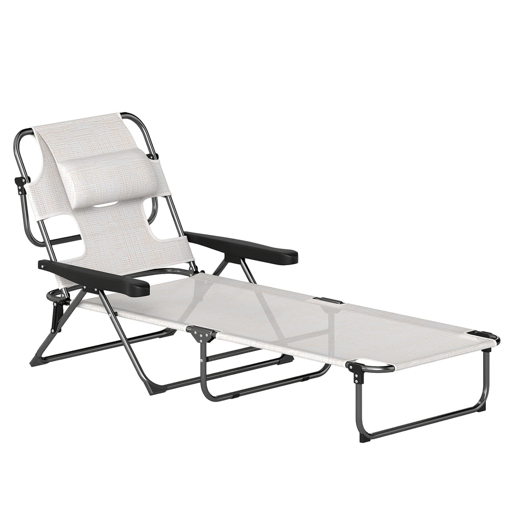 Bain de soleil chaise longue pliante avec appuie-tête, trou de lecture, dossier inclinable en textilène, transat jardin extérieur pour plage relax camping piscine terrasse, crème
