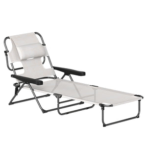 Bain de soleil chaise longue pliante avec appuie-tête, trou de lecture, dossier inclinable en textilène, transat jardin extérieur pour plage relax camping piscine terrasse, crème