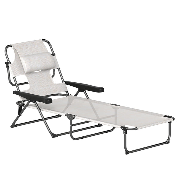 Bain de soleil chaise longue pliante avec appuie-tête, trou de lecture, dossier inclinable en textilène, transat jardin extérieur pour plage relax camping piscine terrasse, crème