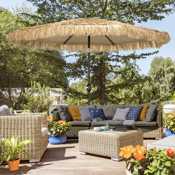 Parasol de jardin extérieur à franges 2,65 m parasol inclinable avec ouverture fermeture manivelle toile 180 g/m², 8 baleines, style Hawaïen pour balcon, piscine, terrasse, kaki
