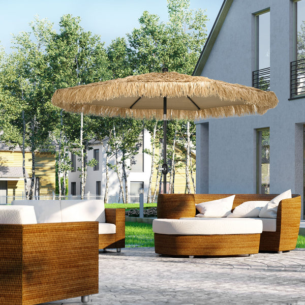 Parasol de jardin extérieur à franges 2,65 m parasol inclinable avec ouverture fermeture manivelle toile 180 g/m², 8 baleines, style Hawaïen pour balcon, piscine, terrasse, kaki