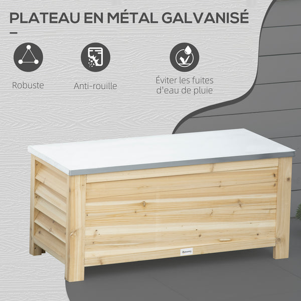 Coffre de jardin en bois et couvercle en métal galvanisé 155L avec vérins - 110 x 50 x 50 cm bois naturel