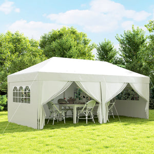 Tonnelle de jardin exterieur tonnelle pliante 3 x 6 m pop-up avec 6 parois latérales, trous de drainage, sac de transport inclus, barnum pliant pour camping festival mariage, blanc