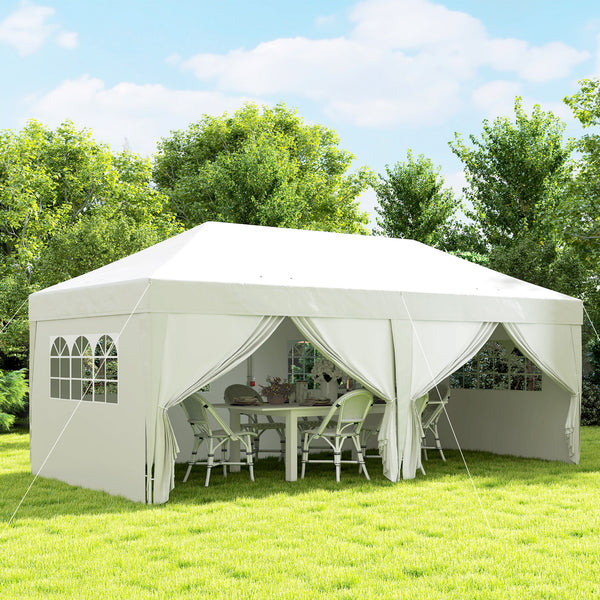 Tonnelle de jardin exterieur tonnelle pliante 3 x 6 m pop-up avec 6 parois latérales, trous de drainage, sac de transport inclus, barnum pliant pour camping festival mariage, blanc