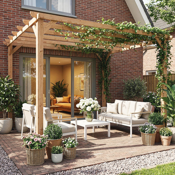 Pergola en bois massif de jardin 3 x 3 m - structure robuste avec poteaux 90 mm et 7 poutres - tonnelle extérieur stable pour vignes et plantes grimpantes, effet bois d'érable