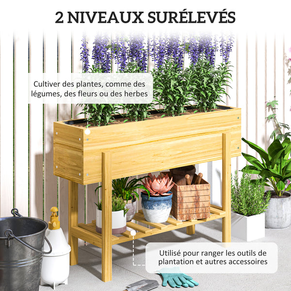 Jardinière sur pieds, carré potager de jardin sur pieds avec 2 trous de drainage, potager surélevé en bois pour fleurs, herbes, légumes, 100 x 30 x  70,5 cm, bois naturel