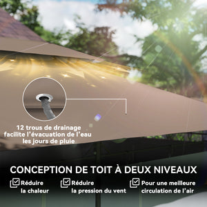 Tonnelle de jardin extérieur 3x4m, 6 colonnes en métal - pavillon de jardin avec double toit respirant - barnum 12 oeillets de drainage et abri solaire pour terrasse & événements, kaki