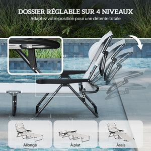 Bain de soleil chaise longue pliante avec appuie-tête, trou de lecture, dossier inclinable en textilène, transat jardin extérieur pour plage relax camping piscine terrasse, crème