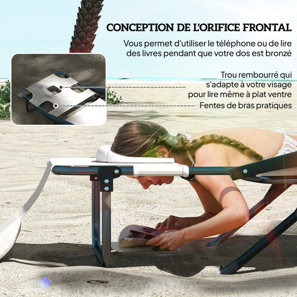Bain de soleil chaise longue pliante avec appuie-tête, trou de lecture, dossier inclinable en textilène, transat jardin extérieur pour plage relax camping piscine terrasse, crème