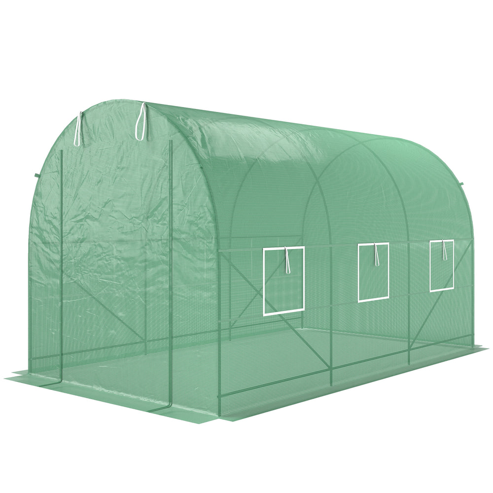 Serre de Jardin Tunnel Surface Sol 7m² 3,5L x 2l x 2H m châssis Tubulaire renforcé Porte zippée 6 fenêtres enroulables Vert