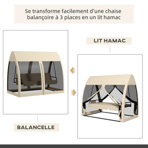 Balancelle de jardin convertible 3 places, balancelle d'extérieur avec auvent et coussins, filet avec fermetures éclair, poche, pour jardin, cour, beige