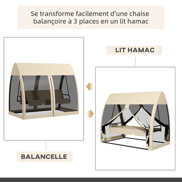 Balancelle de jardin convertible 3 places, balancelle d'extérieur avec auvent et coussins, filet avec fermetures éclair, poche, pour jardin, cour, beige