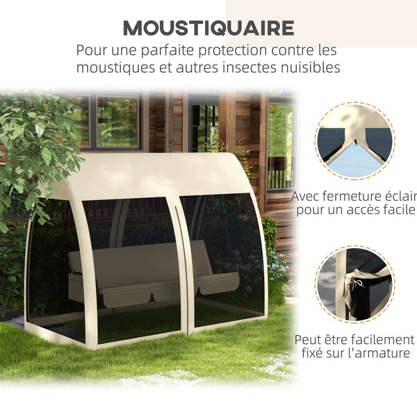 Balancelle de jardin convertible 3 places, balancelle d'extérieur avec auvent et coussins, filet avec fermetures éclair, poche, pour jardin, cour, beige