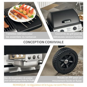 Barbecue gaz 2 brûleurs en acier inoxydable, puissance 2,8 kW, barbecue de jardin 2 grilles en chromé, 2 étagères latérales, 2 roues, pour camping, balcon et terrasse, noir