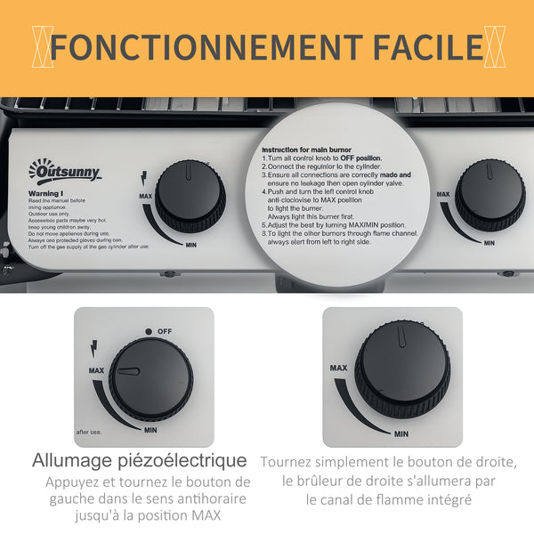 Barbecue gaz 2 brûleurs en acier inoxydable, puissance 2,8 kW, barbecue de jardin 2 grilles en chromé, 2 étagères latérales, 2 roues, pour camping, balcon et terrasse, noir