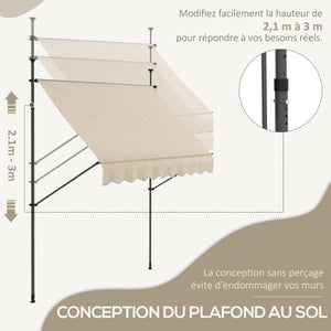 Store banne autoportant manuel auvent rétractable 2,5L x 1,2l x 2,1-3H m inclinaison réglable pour balcon sans trous à percer métal alu polyester sable