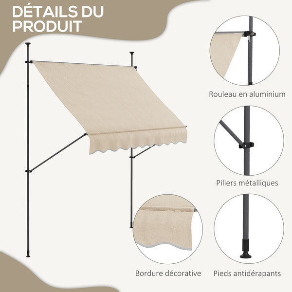 Store banne autoportant manuel auvent rétractable 2,5L x 1,2l x 2,1-3H m inclinaison réglable pour balcon sans trous à percer métal alu polyester sable