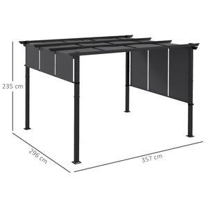 Pergola avec 3 toiles coulissantes 3,5 x 3 x 2,35 m structure acier noir toile polyester haute densité gris foncé