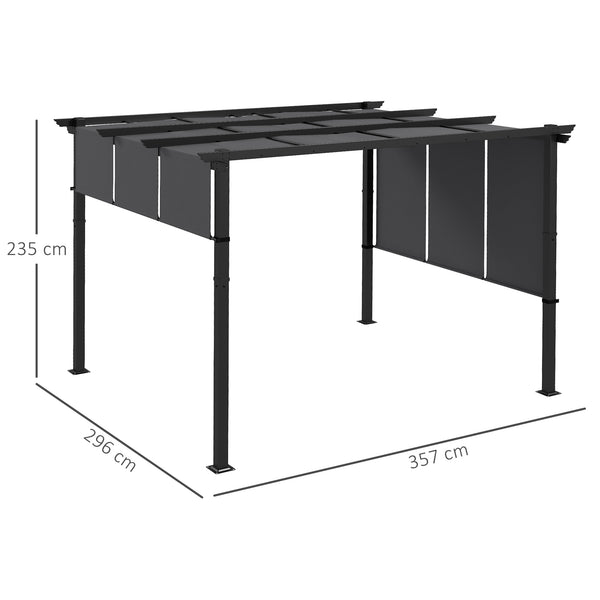 Pergola avec 3 toiles coulissantes 3,5 x 3 x 2,35 m structure acier noir toile polyester haute densité gris foncé