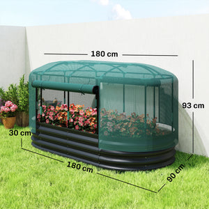Carré potager de jardin avec cage de protection, jardinière surélevée en acier galvanisé avec système d'auto-arrosage, lit de jardin pour herbes aromatiques, légumes et fleurs, gris et vert