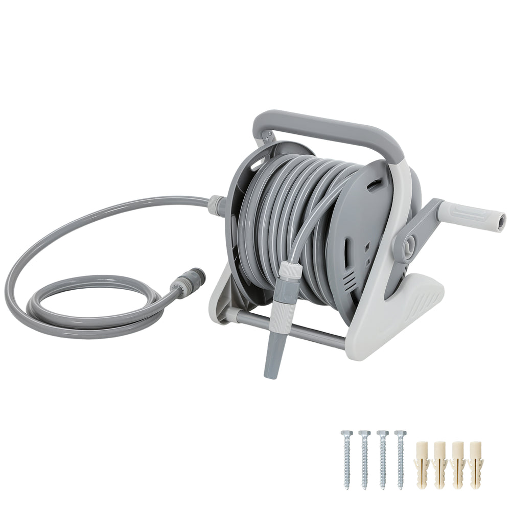 Enrouleur Tuyau Arrosage Mural 20+2 m x Ø 15 mm, Dévidoir de Tuyaux d'Eau Portable, Buse à 2 Modes, Manivelle, pour Pelouse, Garage, Lavage de Voiture et Arrosage, Gris