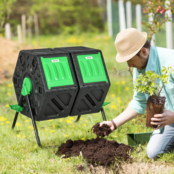 Composteur de jardin - bac à compost pour déchets - rotatif 360° - double chambre 130 L - acier PP noir
