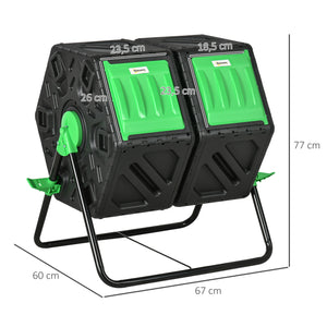 Composteur de jardin - bac à compost pour déchets - rotatif 360° - double chambre 130 L - acier PP noir