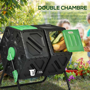 Composteur de jardin - bac à compost pour déchets - rotatif 360° - double chambre 130 L - acier PP noir
