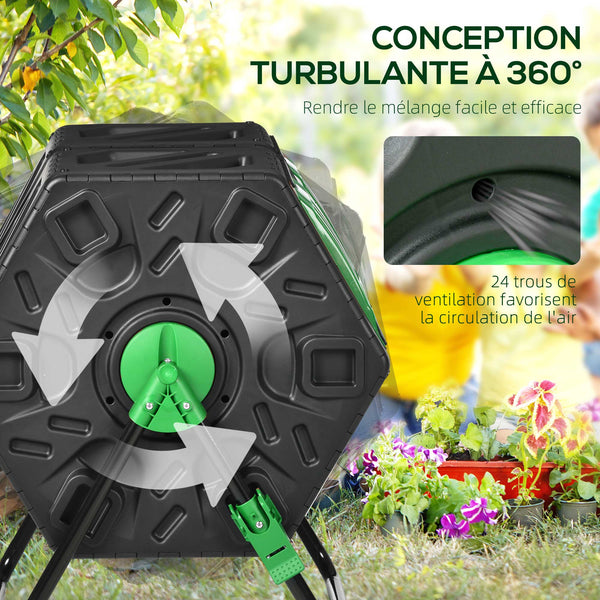 Composteur de jardin - bac à compost pour déchets - rotatif 360° - double chambre 130 L - acier PP noir