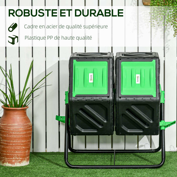 Composteur de jardin - bac à compost pour déchets - rotatif 360° - double chambre 130 L - acier PP noir