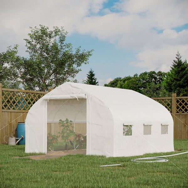 Serre de jardin tunnel, 10,4 m², serre de jardin, anti-UV, porte zippée enroulable, fenêtres en maille, tube d'acier galvanisé et PE 140g/㎡, 350 x 300 x 200 cm, blanc