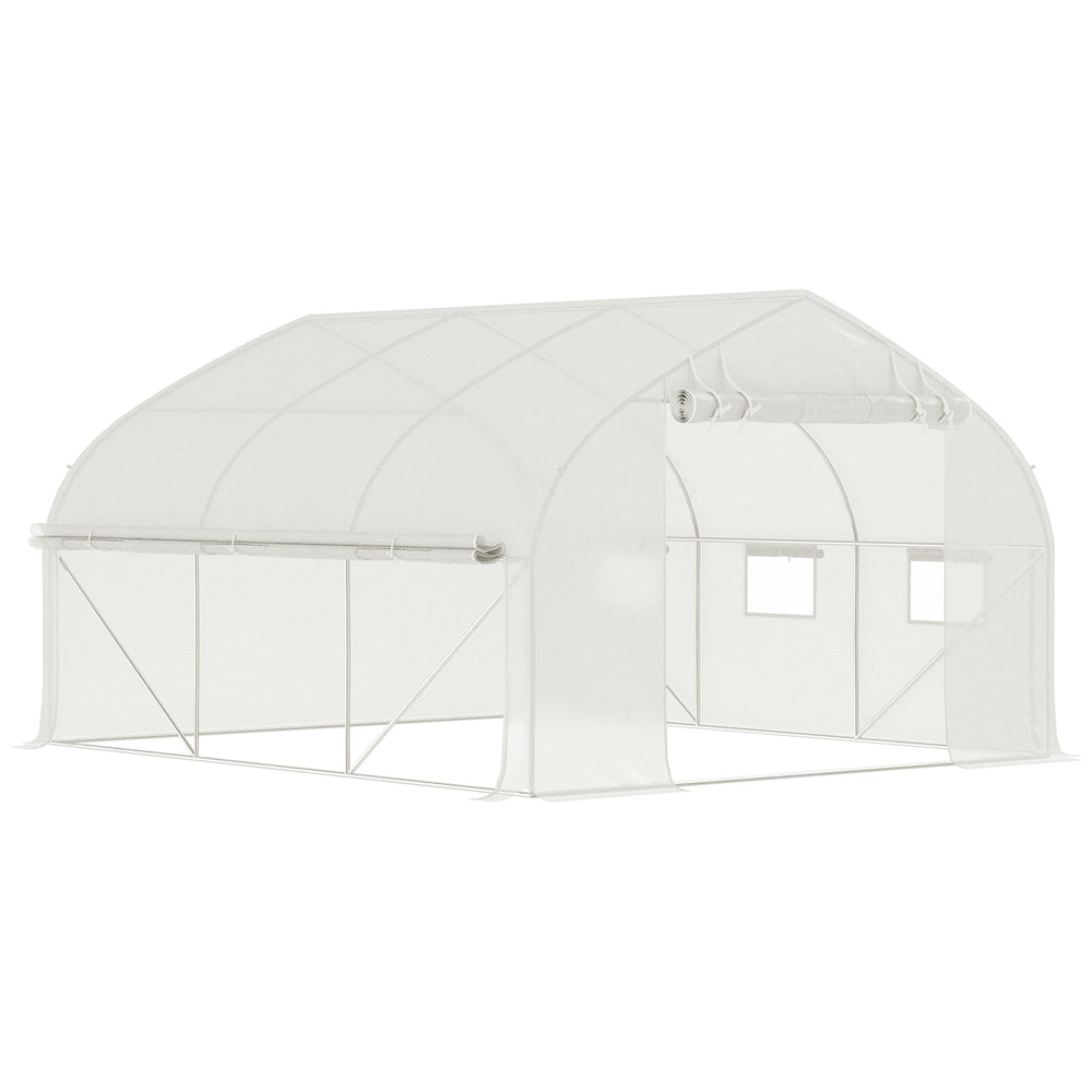 Serre de jardin tunnel, 10,4 m², serre de jardin, anti-UV, porte zippée enroulable, fenêtres en maille, tube d'acier galvanisé et PE 140g/㎡, 350 x 300 x 200 cm, blanc