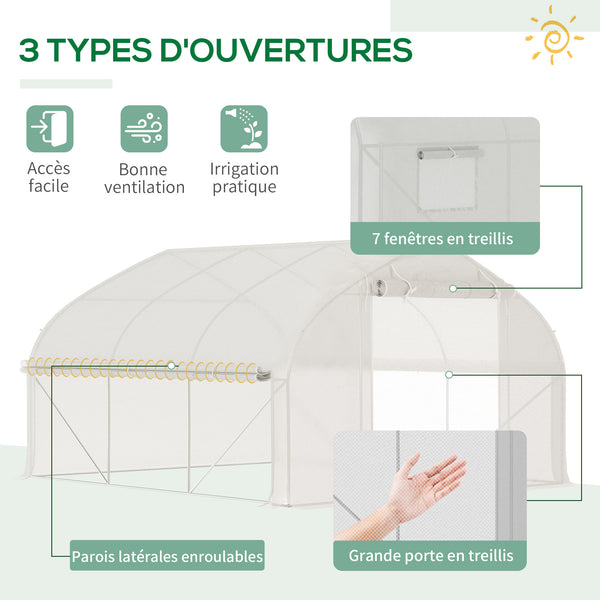 Serre de jardin tunnel, 10,4 m², serre de jardin, anti-UV, porte zippée enroulable, fenêtres en maille, tube d'acier galvanisé et PE 140g/㎡, 350 x 300 x 200 cm, blanc