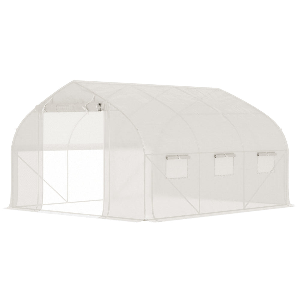 Serre de jardin tunnel, 10,4 m², serre de jardin, anti-UV, porte zippée enroulable, fenêtres en maille, tube d'acier galvanisé et PE 140g/㎡, 350 x 300 x 200 cm, blanc