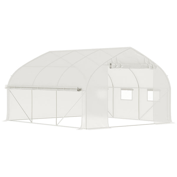Serre de jardin tunnel, 10,4 m², serre de jardin, anti-UV, porte zippée enroulable, fenêtres en maille, tube d'acier galvanisé et PE 140g/㎡, 350 x 300 x 200 cm, blanc
