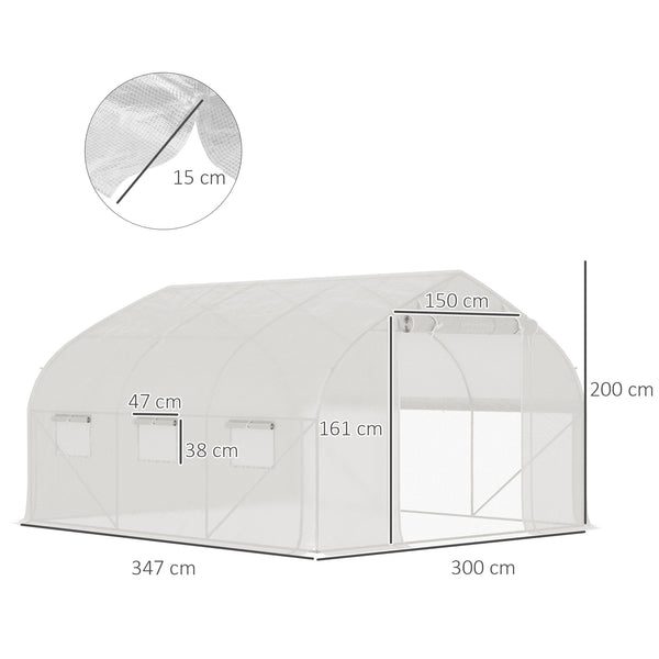 Serre de jardin tunnel, 10,4 m², serre de jardin, anti-UV, porte zippée enroulable, fenêtres en maille, tube d'acier galvanisé et PE 140g/㎡, 350 x 300 x 200 cm, blanc
