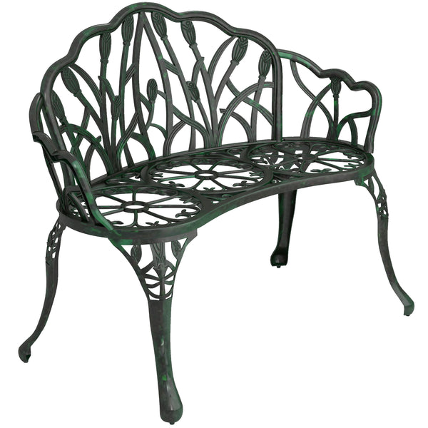 Banc de jardin en aluminium moulé, banc extérieur 2 places avec dossier tulipe, assise florale et accoudoirs, antirouille, pour terrasse, patio, pelouse, 99 x 57 x 78 cm, vert antique