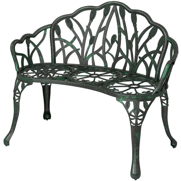 Banc de jardin en aluminium moulé, banc extérieur 2 places avec dossier tulipe, assise florale et accoudoirs, antirouille, pour terrasse, patio, pelouse, 99 x 57 x 78 cm, vert antique