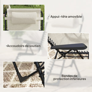 Lot de 2 bain de soleil, chaise longue pliante avec appuie-tête en textilène, transat jardin extérieur inclinable de plage camping piscine terrasse, 90 x 65 x 112 cm, beige